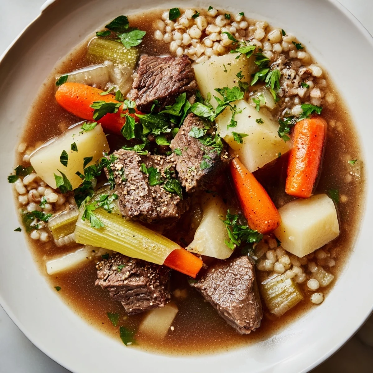 Hearty Irish Stew with Beef and Barley served in a rustic bowl, ready to enjoy with a slice of crusty bread.