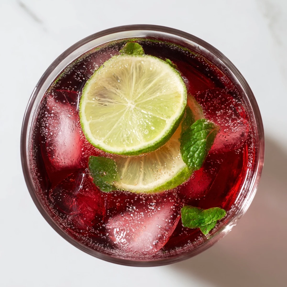 Chilled Hibiscus Iced Tea with Lime features bright pink hues and fresh mint, ready for a refreshing sip.