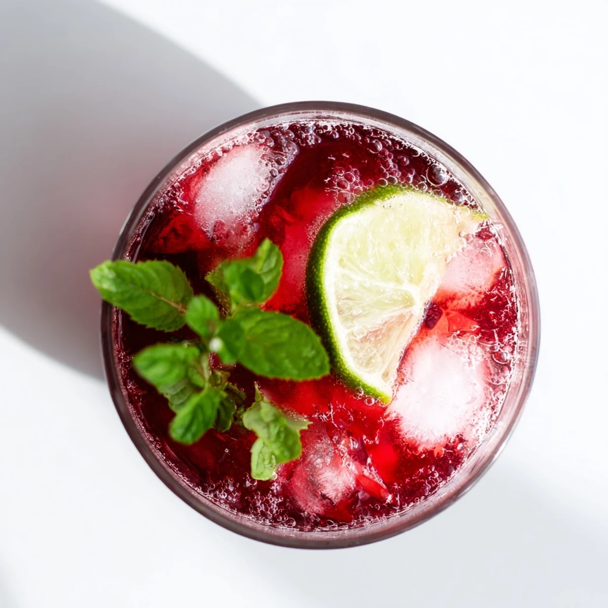 A tall glass of vibrant Hibiscus Iced Tea with Lime and mint garnish sits on a sunny table.