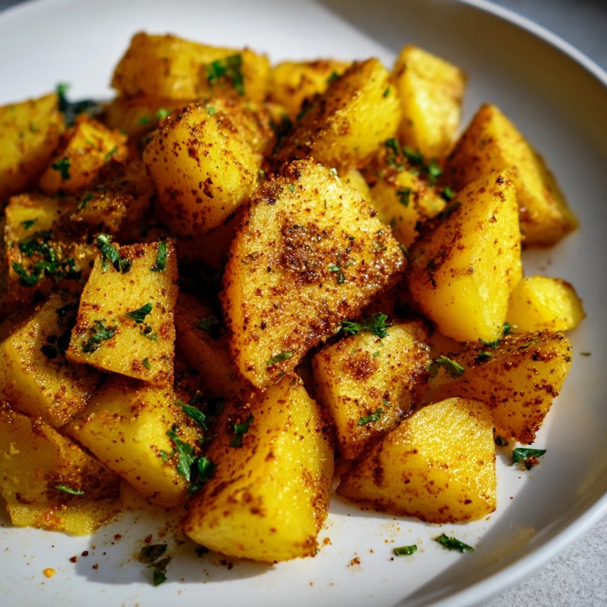 Golden brown Cajun Spiced Roasted Potatoes, seasoned with paprika and cayenne, served fresh from the oven.