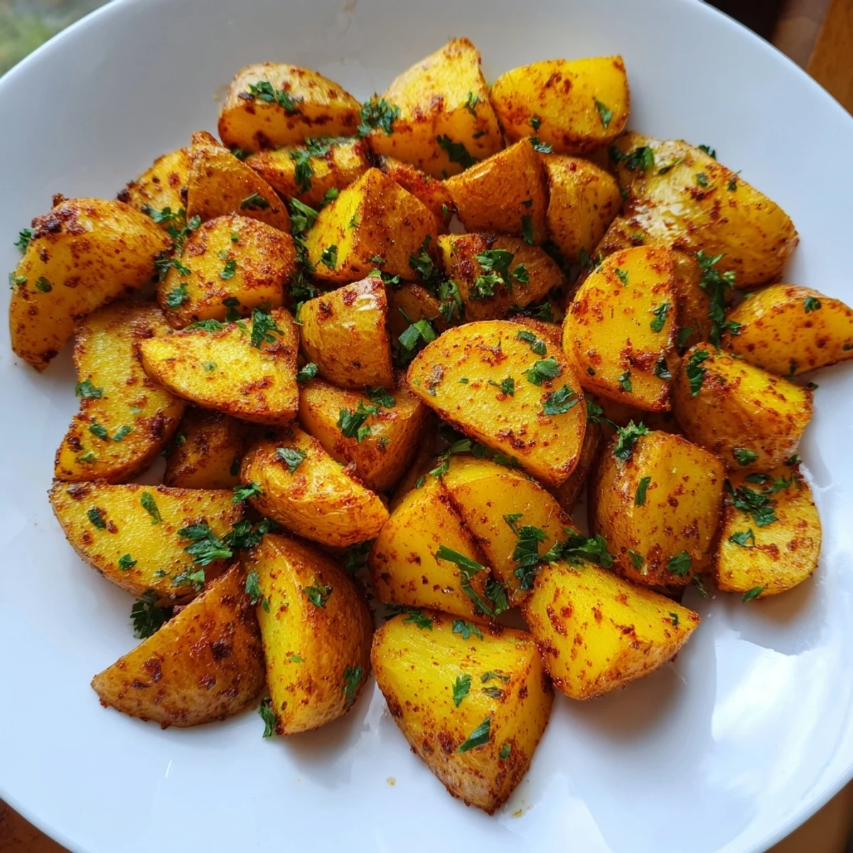 A close-up of oven-roasted Cajun Spiced Roasted Potatoes, with a sprinkle of fresh herbs and lemon wedges.