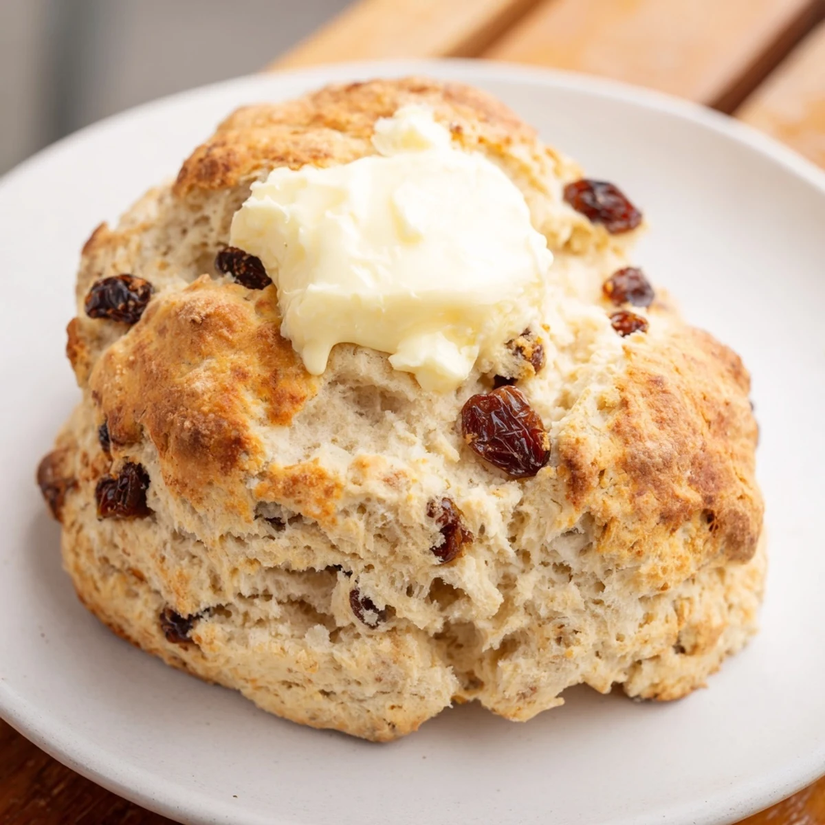 Freshly baked Irish Soda Bread Scones with a golden crust and fluffy interior, served warm with a generous pat of melting butter.  