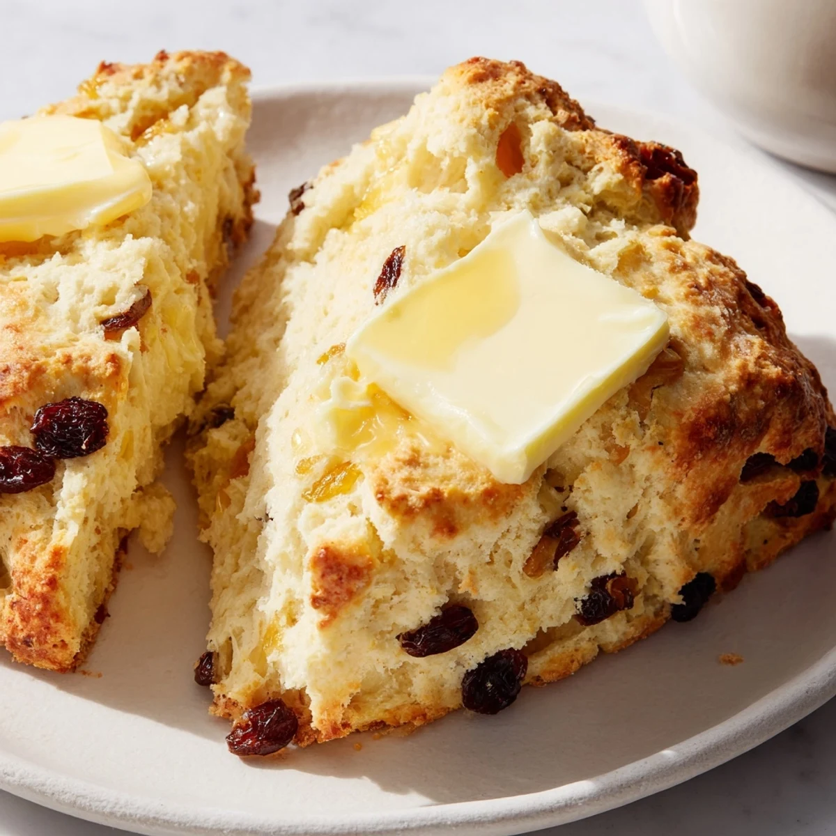 Homemade Irish Soda Bread Scones on a baking sheet, featuring a tender crumb and ready to be enjoyed with fresh coffee.