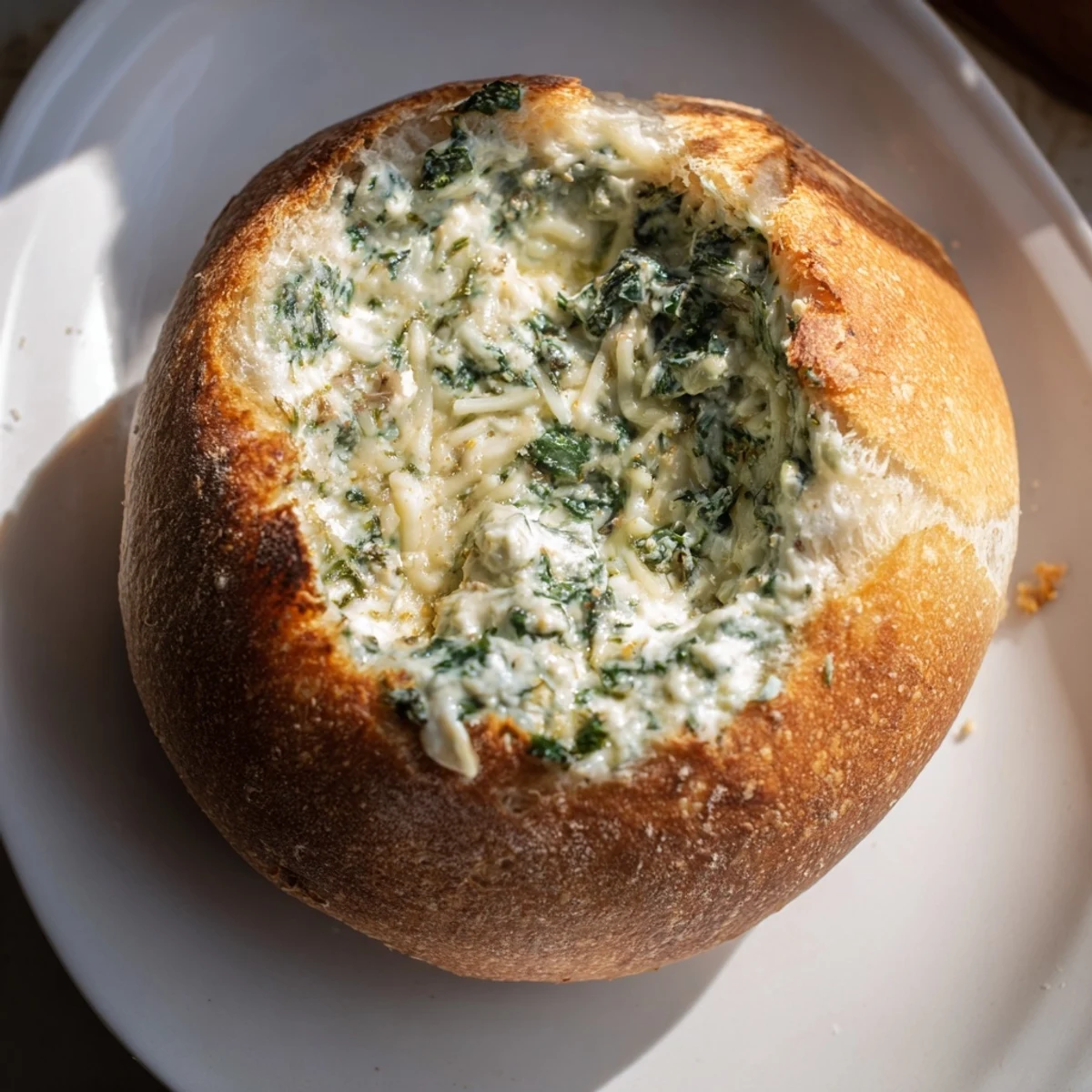 Warm, bubbly spinach dip fills a hollowed-out sourdough bread bowl, ready for dipping.