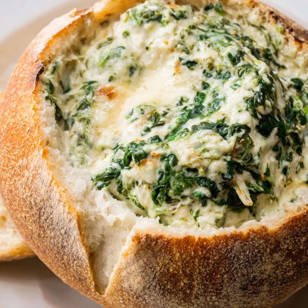 Freshly baked spinach dip served from a crusty bread bowl with veggie sticks.
