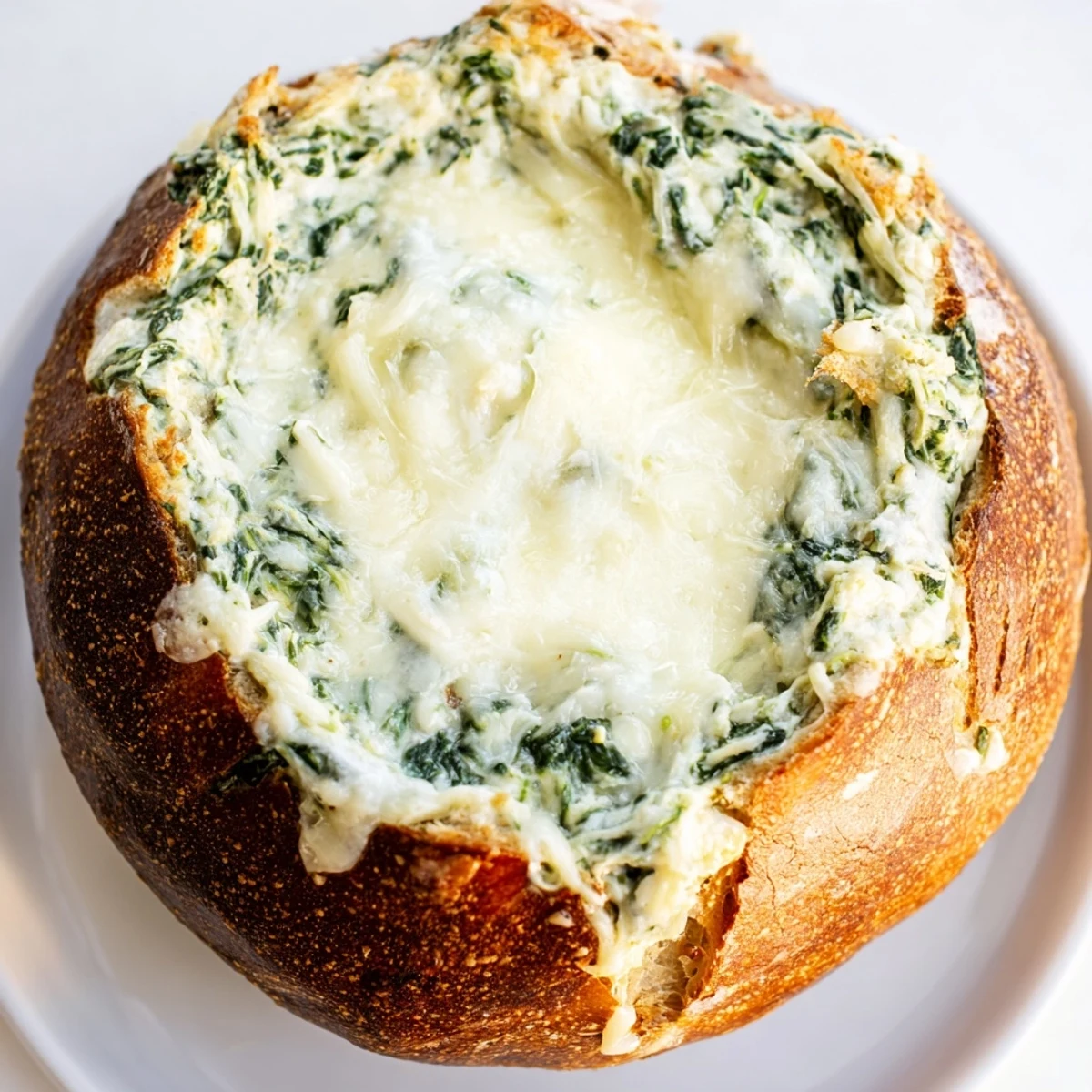 Golden baked spinach dip in a sourdough bread bowl surrounded by toasted bread cubes.