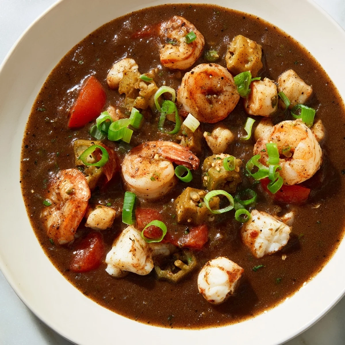 A hearty ladle of Seafood Gumbo with Okra and Tomatoes, showcasing tender shrimp, crab, and vibrant red tomatoes.  