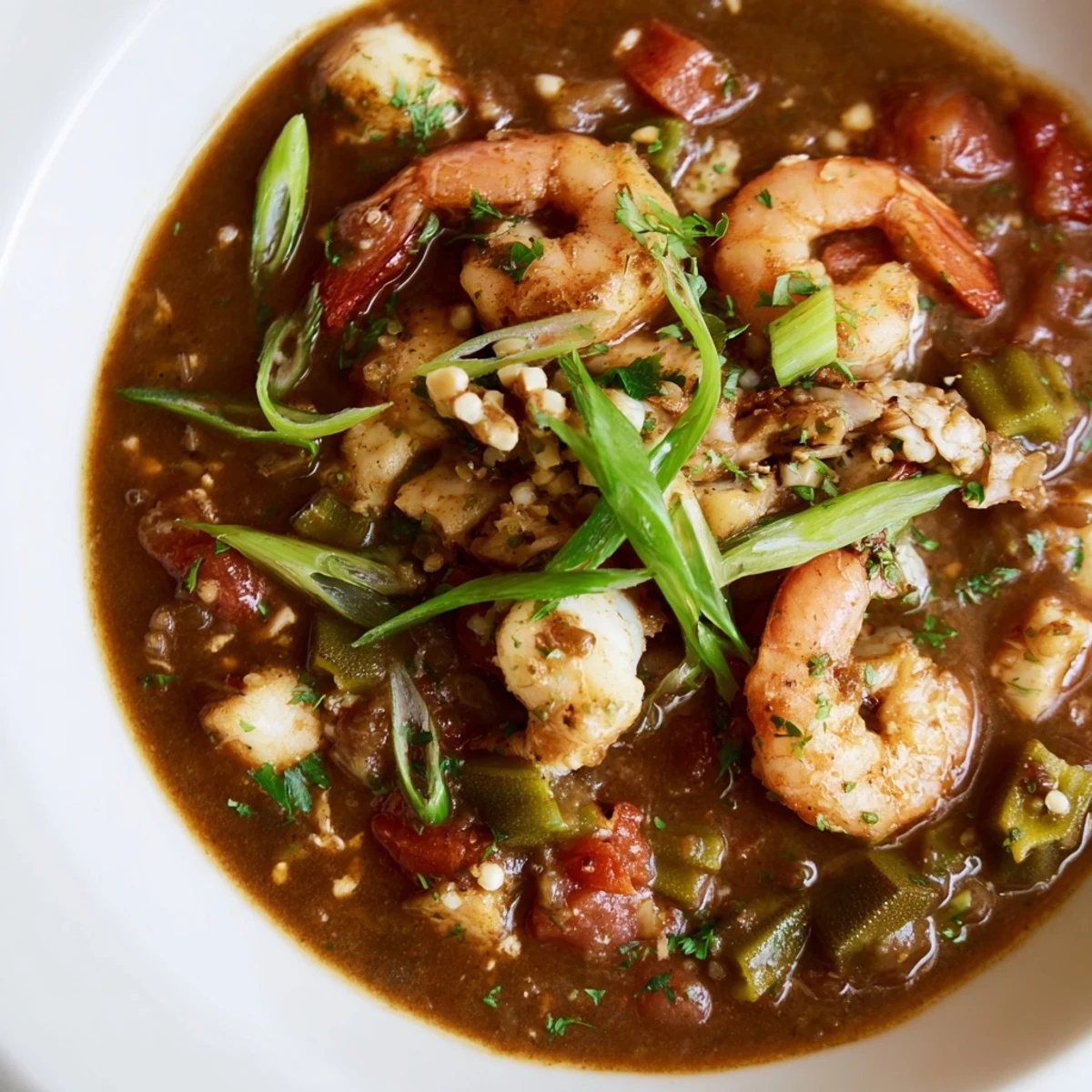 A steaming bowl of Seafood Gumbo with Okra and Tomatoes, served over fluffy white rice in a rustic bowl.  
