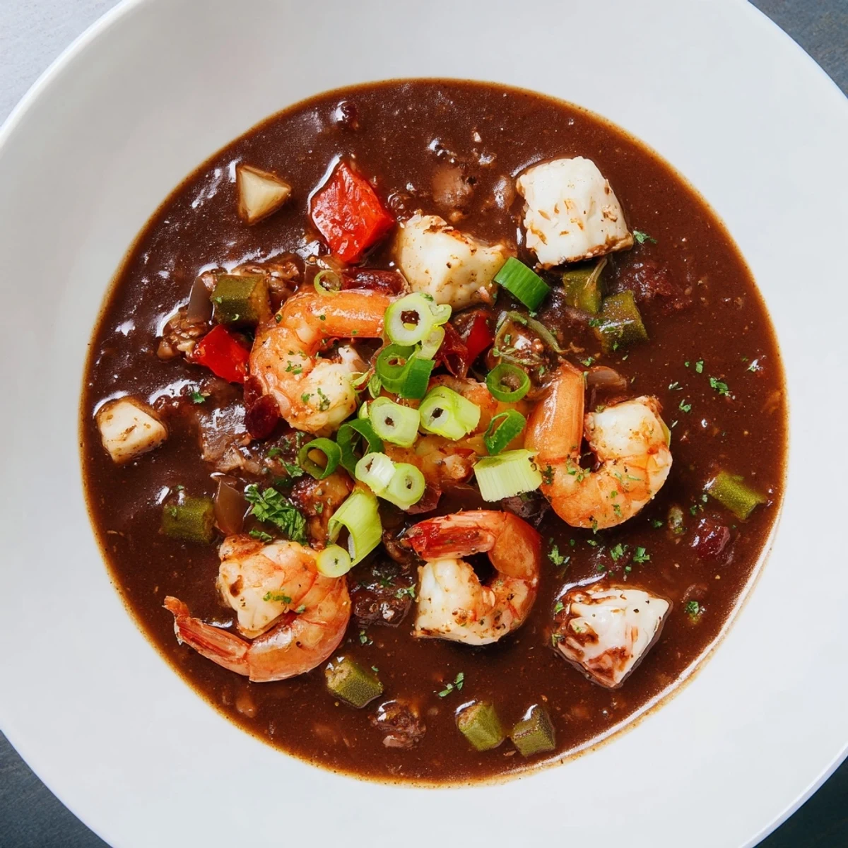 Close-up of Seafood Gumbo with Okra and Tomatoes, featuring fresh okra slices and rich, dark roux-based broth.