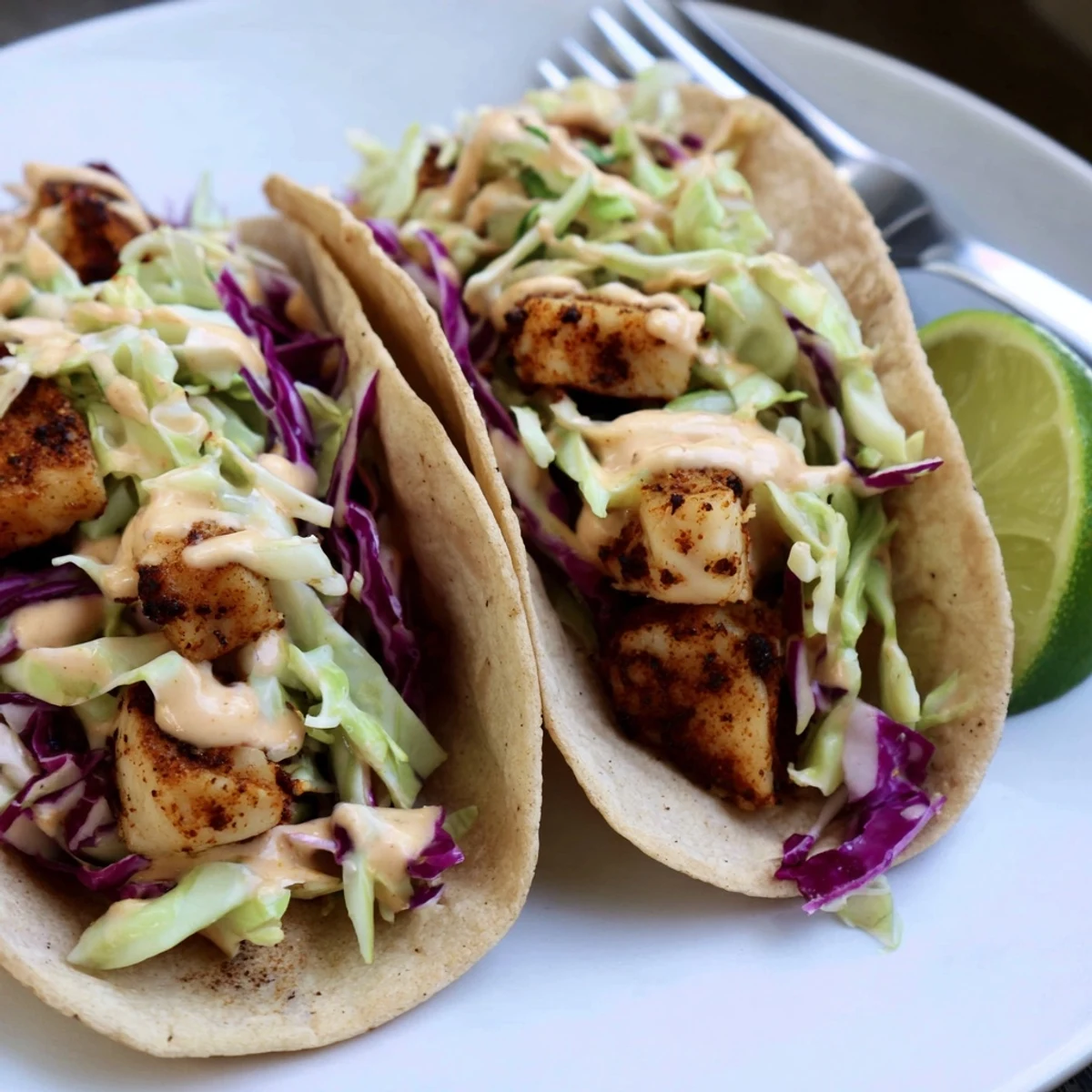 Blackened fish tacos with slaw on a warm corn tortilla, topped with fresh cilantro and a lime wedge.