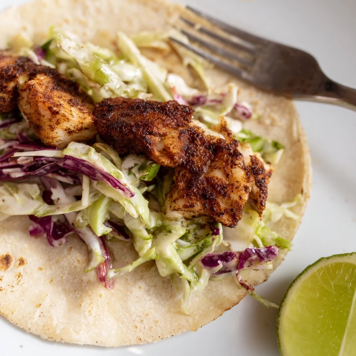 Freshly prepared Blackened Fish Tacos with Slaw featuring flaky fish, zesty cabbage, and vibrant lime garnish.