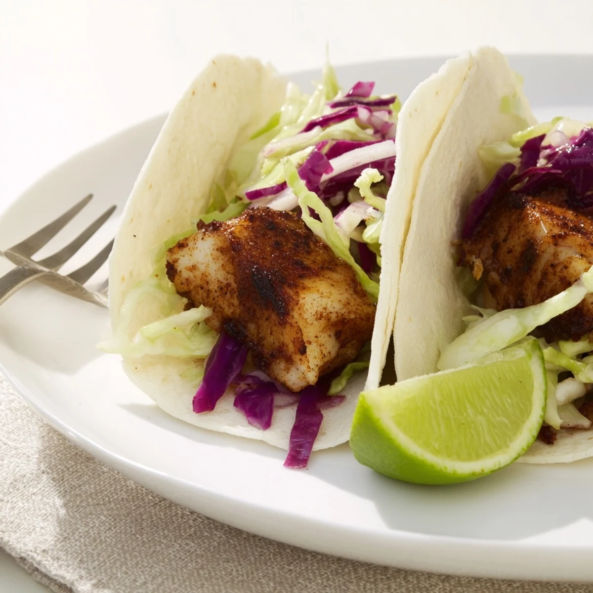 Homemade Blackened Fish Tacos with Slaw, served with cilantro and lime wedges on a rustic wooden table.