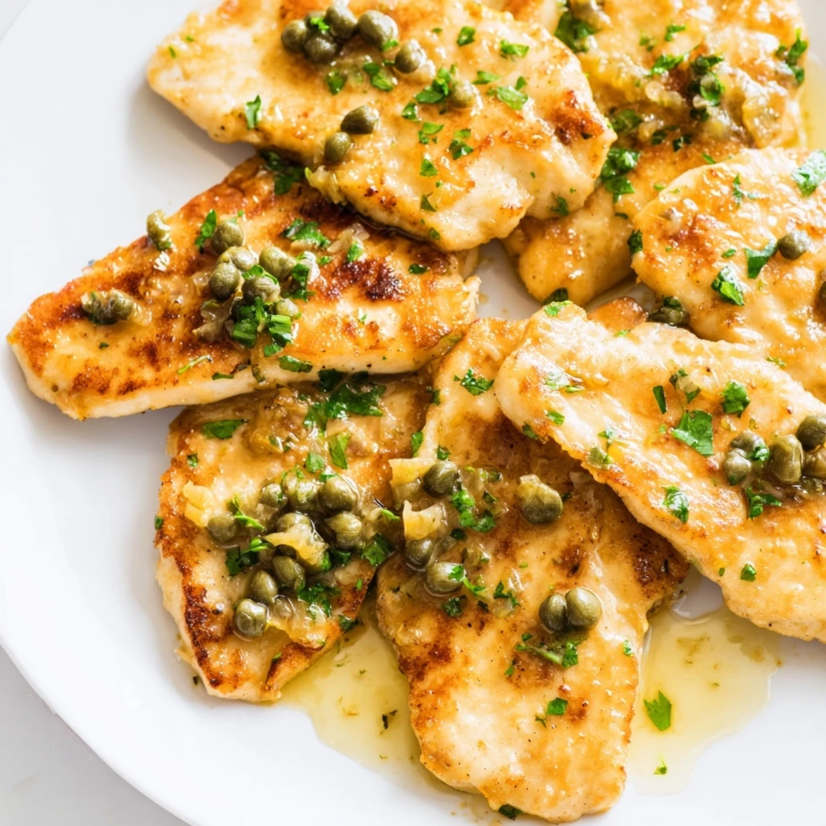 Golden-brown chicken piccata with capers and lemon, served on a white plate with a glossy, tangy sauce.