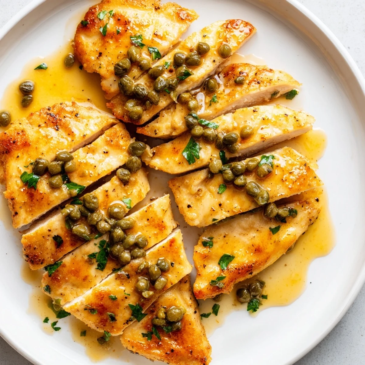 Sautéed chicken piccata plated beside pasta, garnished with fresh parsley, lemon slices, and briny capers.