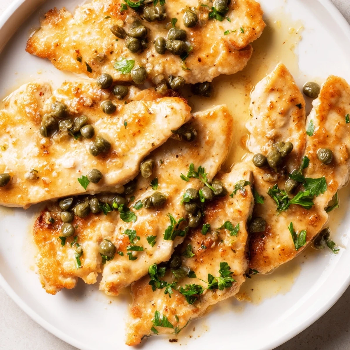 Tender chicken piccata with a bright lemon-caper sauce, drizzled generously and ready for a family dinner.
