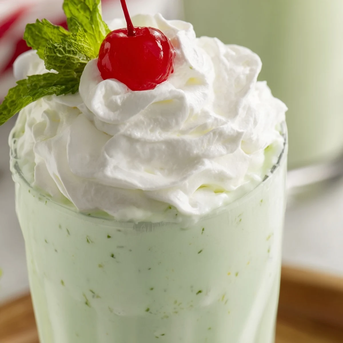 Pouring a thick Mint Milkshake with Maraschino Cherry into a chilled glass, topped with a swirl of whipped cream and cherry.