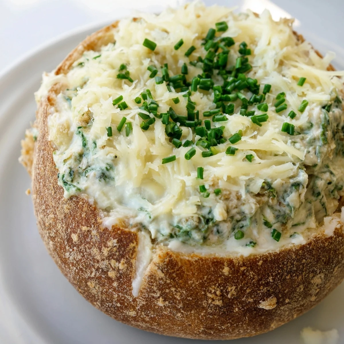 Creamy spinach dip bubbling warmly inside a hollowed sourdough bread bowl, topped with fresh chives for a party-friendly appetizer.