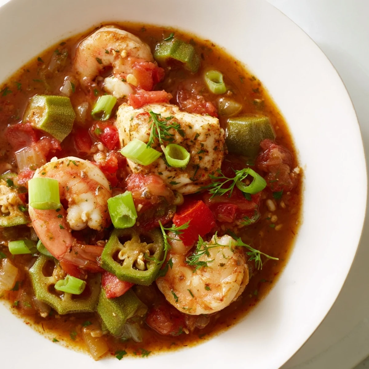A hearty serving of Seafood Gumbo with Okra and Tomatoes ladled over fluffy white rice, garnished with fresh parsley and green onions.