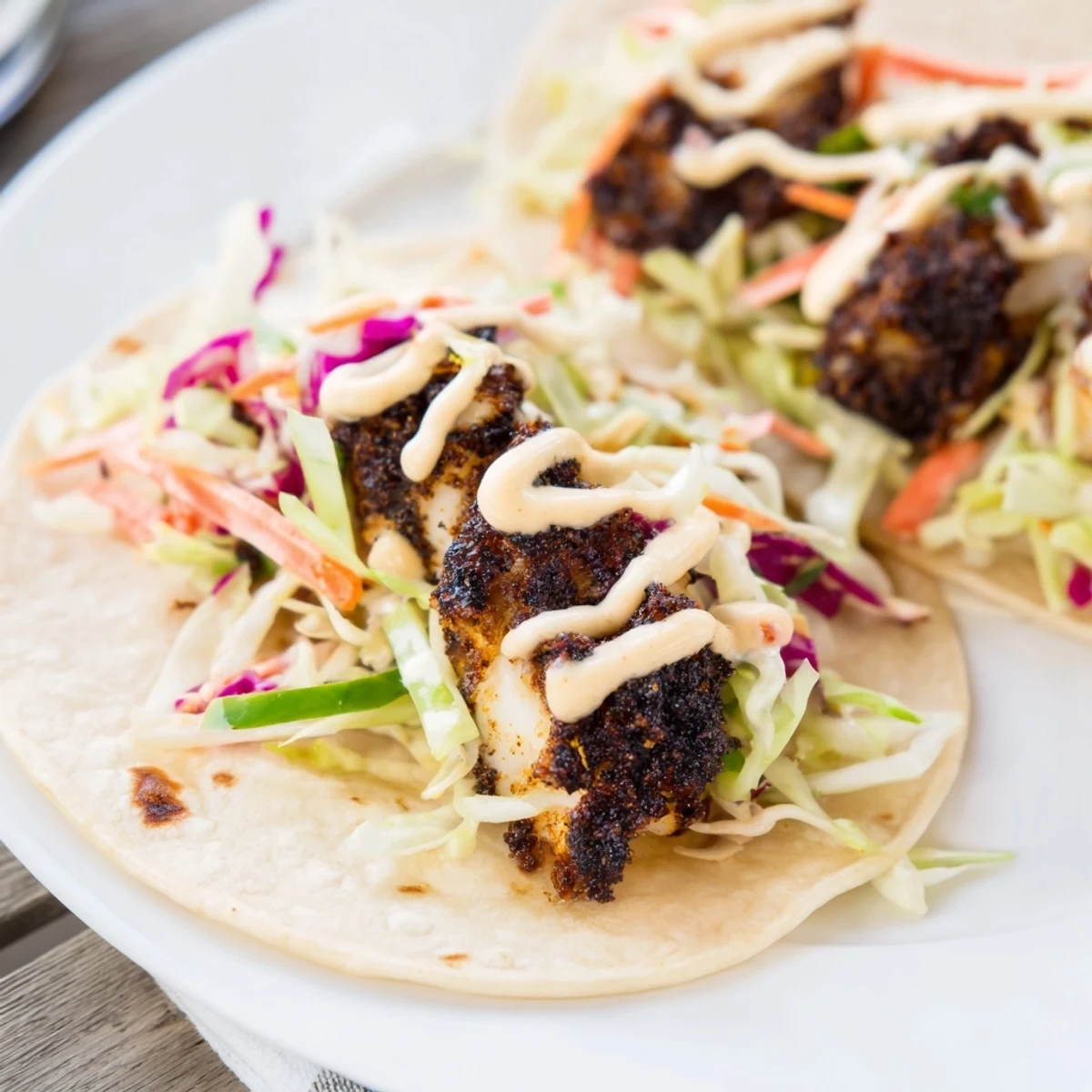 Blackened fish tacos with slaw and mayo, served on warm tortillas with fresh lime wedges and creamy drizzle.