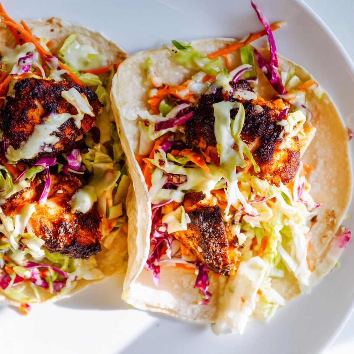 Flaky white fish, blackened and spicy, nestled in corn tortillas with crunchy cabbage slaw and smooth mayo sauce.