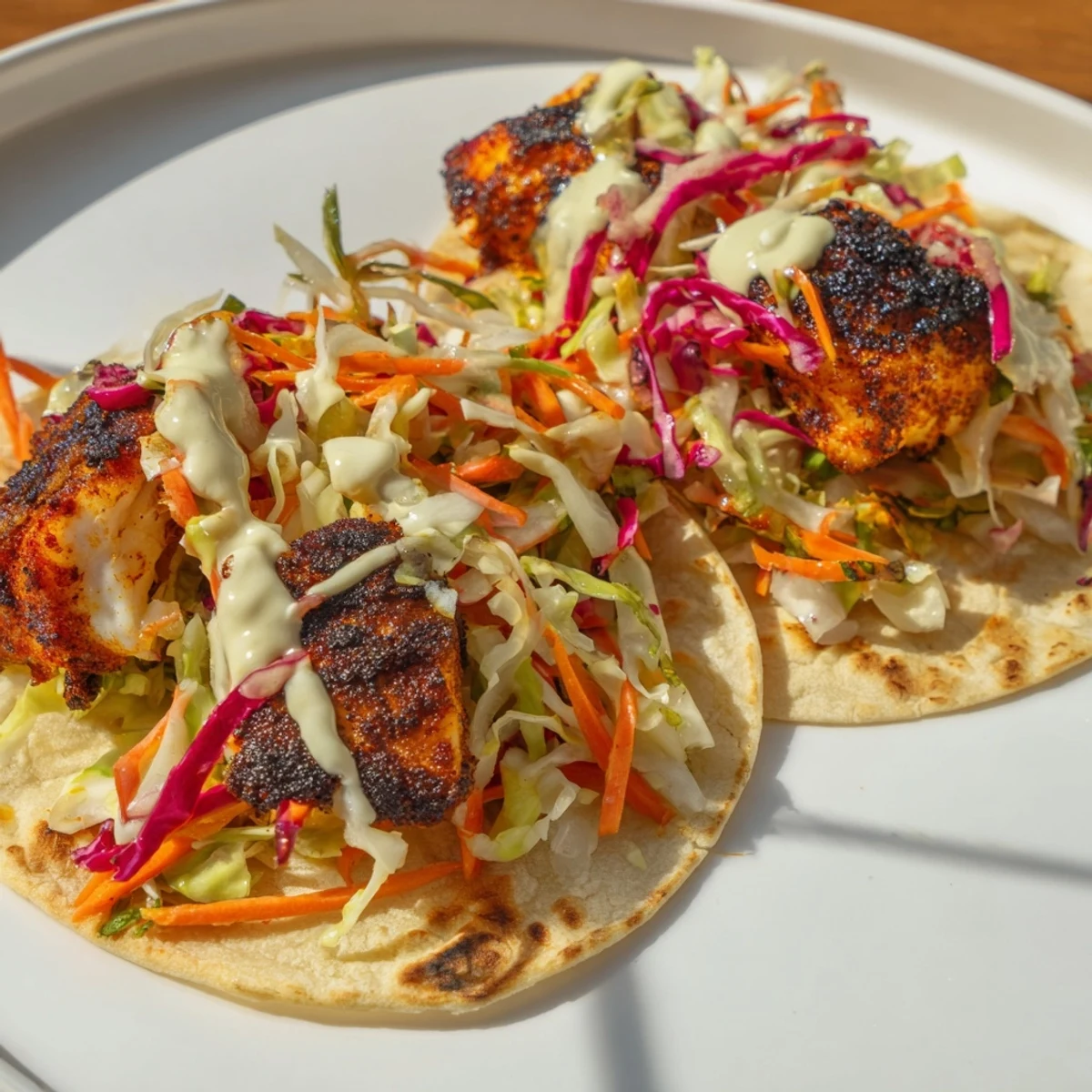 Easy homemade Blackened Fish Tacos with Slaw and Mayo, featuring flaky fish, crisp veggies, and a tangy lime drizzle.