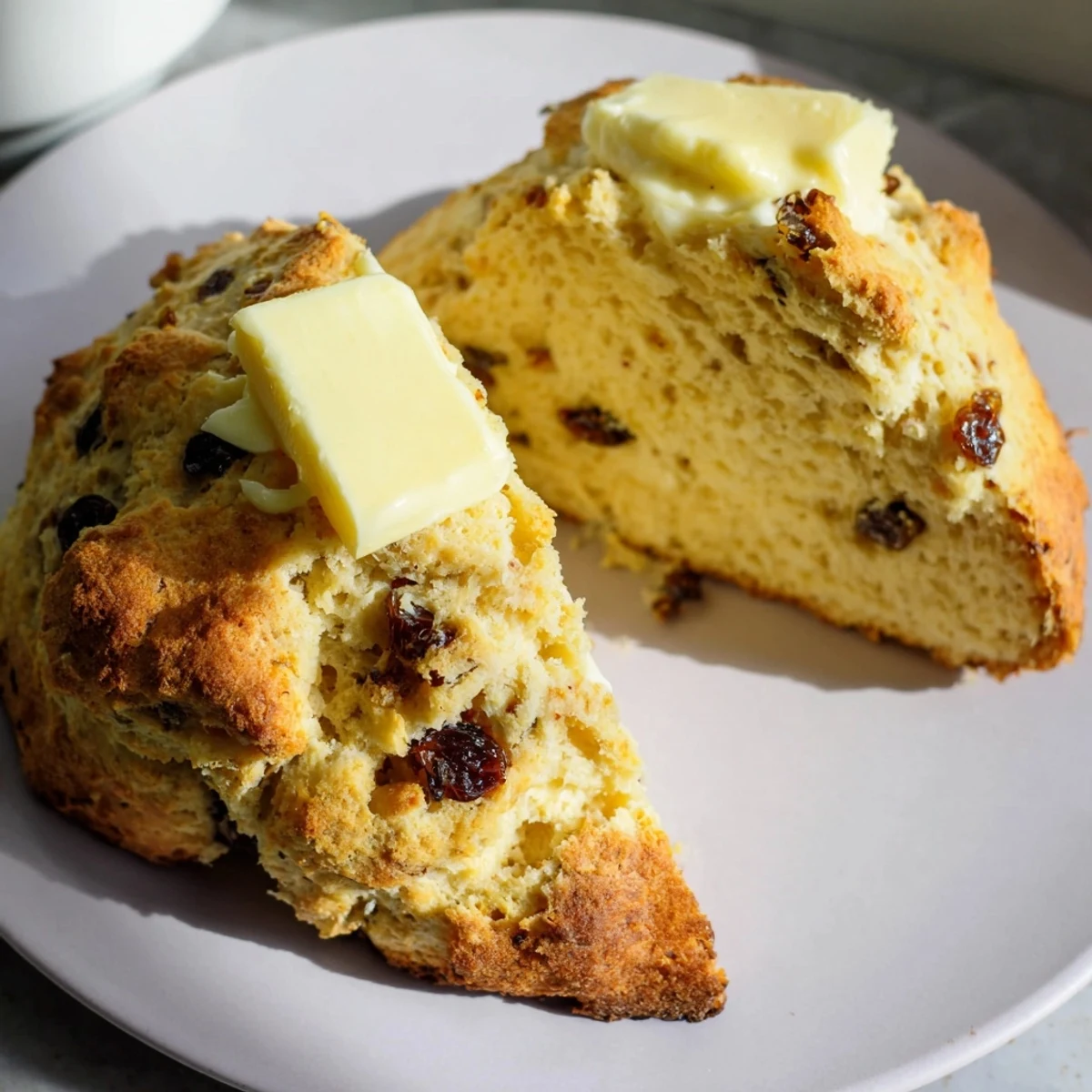 Homemade Irish Soda Bread Scones, split and generously slathered with creamy butter, presented on a rustic plate.