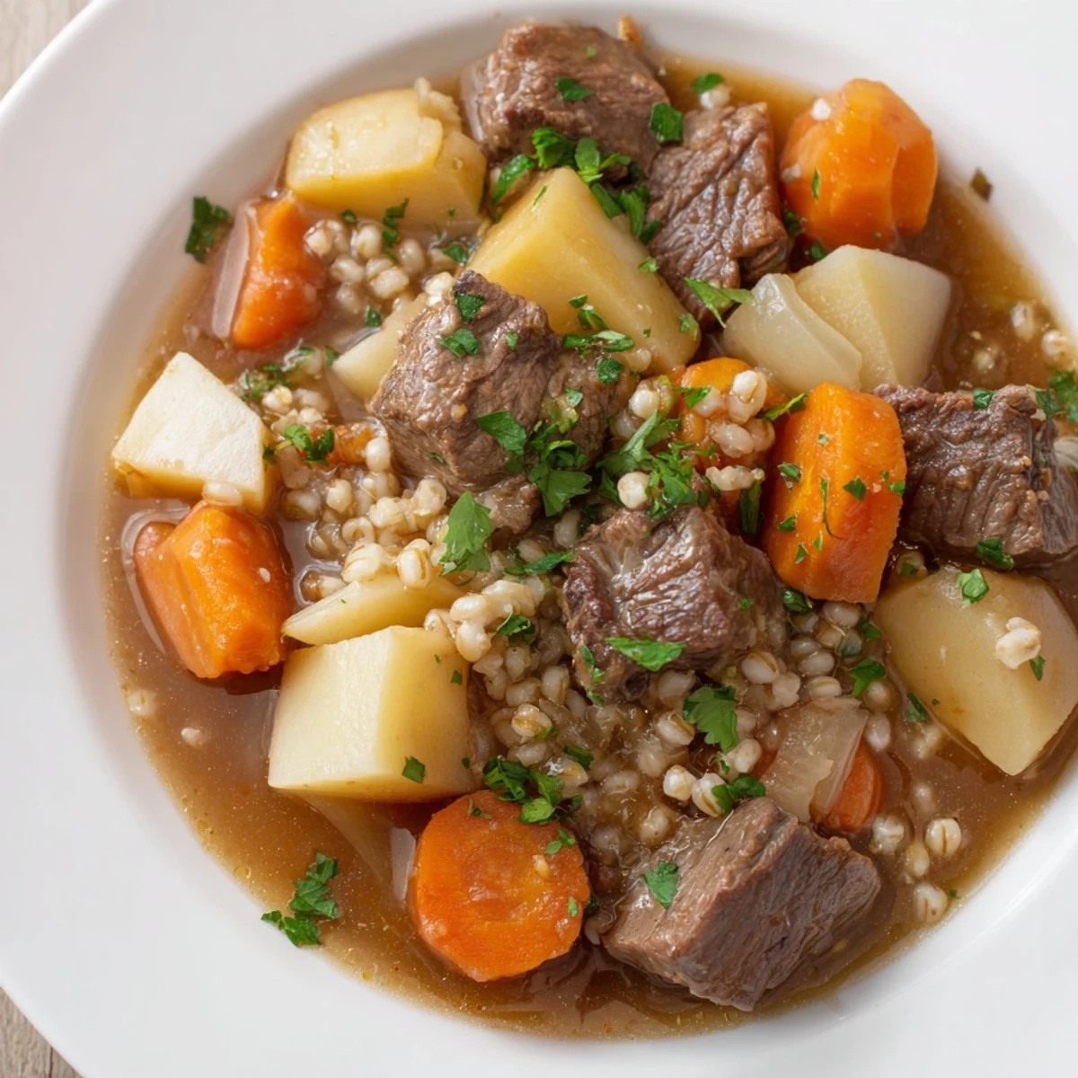 A close-up of steaming Irish Stew with Beef and Barley, featuring tender beef chunks, diced potatoes, and sliced carrots in a rich broth.  