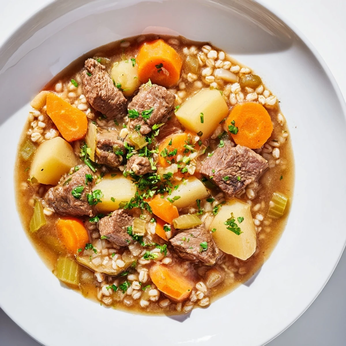 Golden barley and tender root vegetables swim in the savory broth of this comforting Irish Stew with Beef and Barley, perfect for a chilly evening.