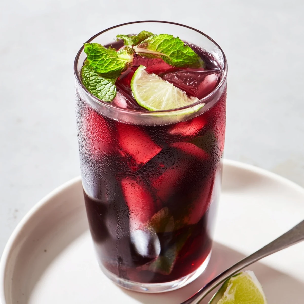A tall glass of Hibiscus Iced Tea with Lime Slices, garnished with fresh mint leaves, resting on a sunny patio table.