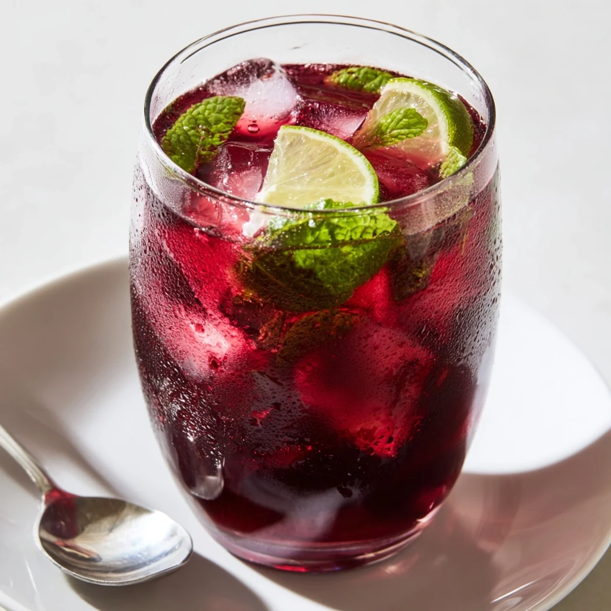 Refreshing Hibiscus Iced Tea with Lime Slices poured over ice, showing a vibrant ruby-red hue and fresh citrus wedges.