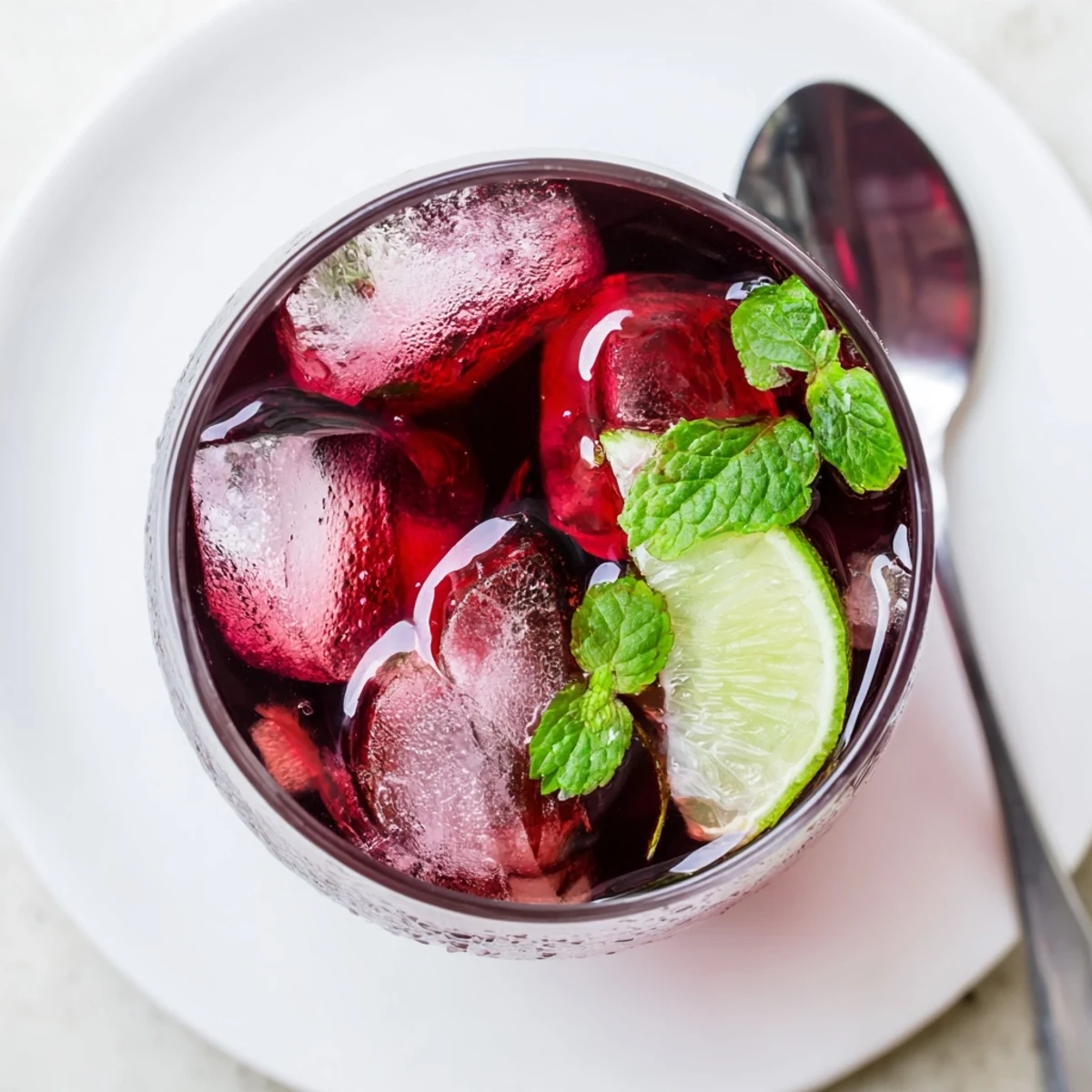 Chilled pitcher of Hibiscus Iced Tea with Lime Slices, ready to serve at a summer gathering with mint sprigs.