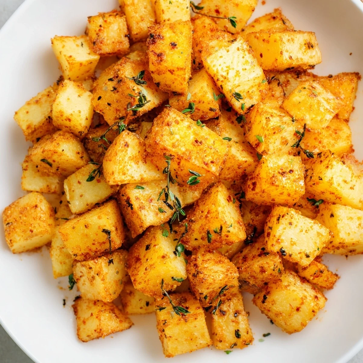 Roasted Cajun Spiced Roasted Potatoes with Herbs glistening with olive oil, fresh parsley, and thyme on a rustic platter.