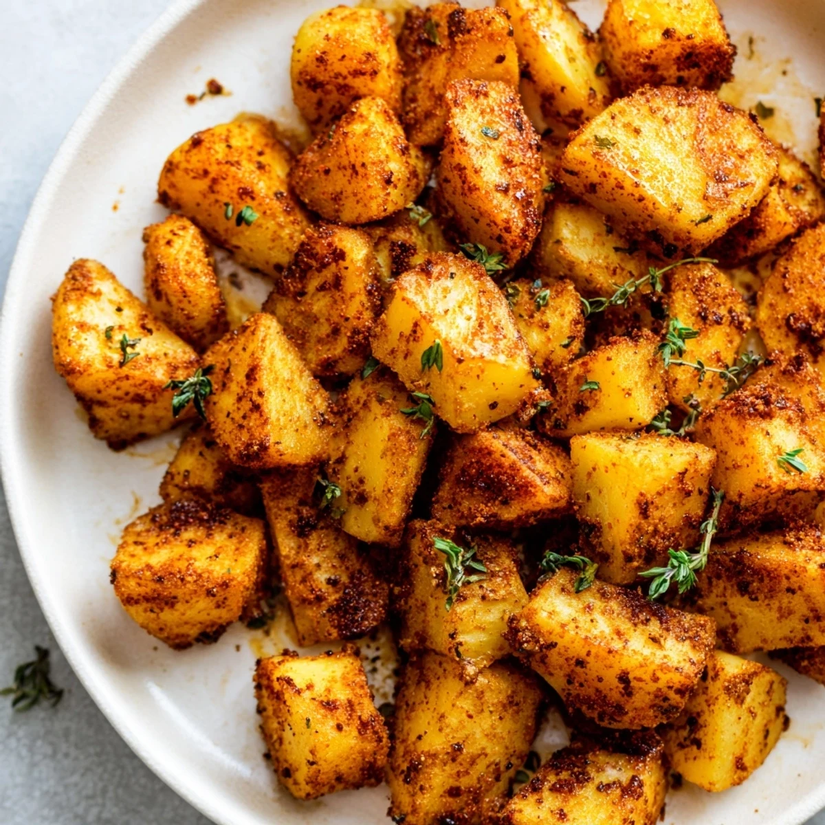 Golden, crispy Cajun Spiced Roasted Potatoes with Herbs served hot from the oven alongside grilled chicken for a hearty dinner.