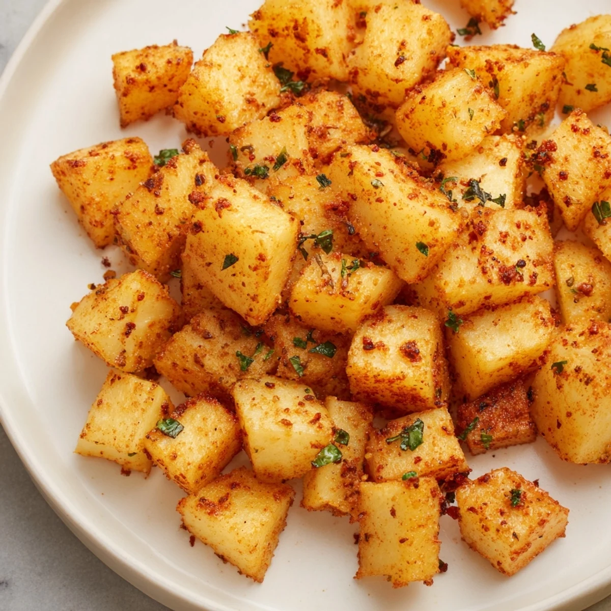 Close-up of Cajun Spiced Roasted Potatoes with Herbs showing crisp edges, fluffy interiors, and smoky, zesty seasoning.