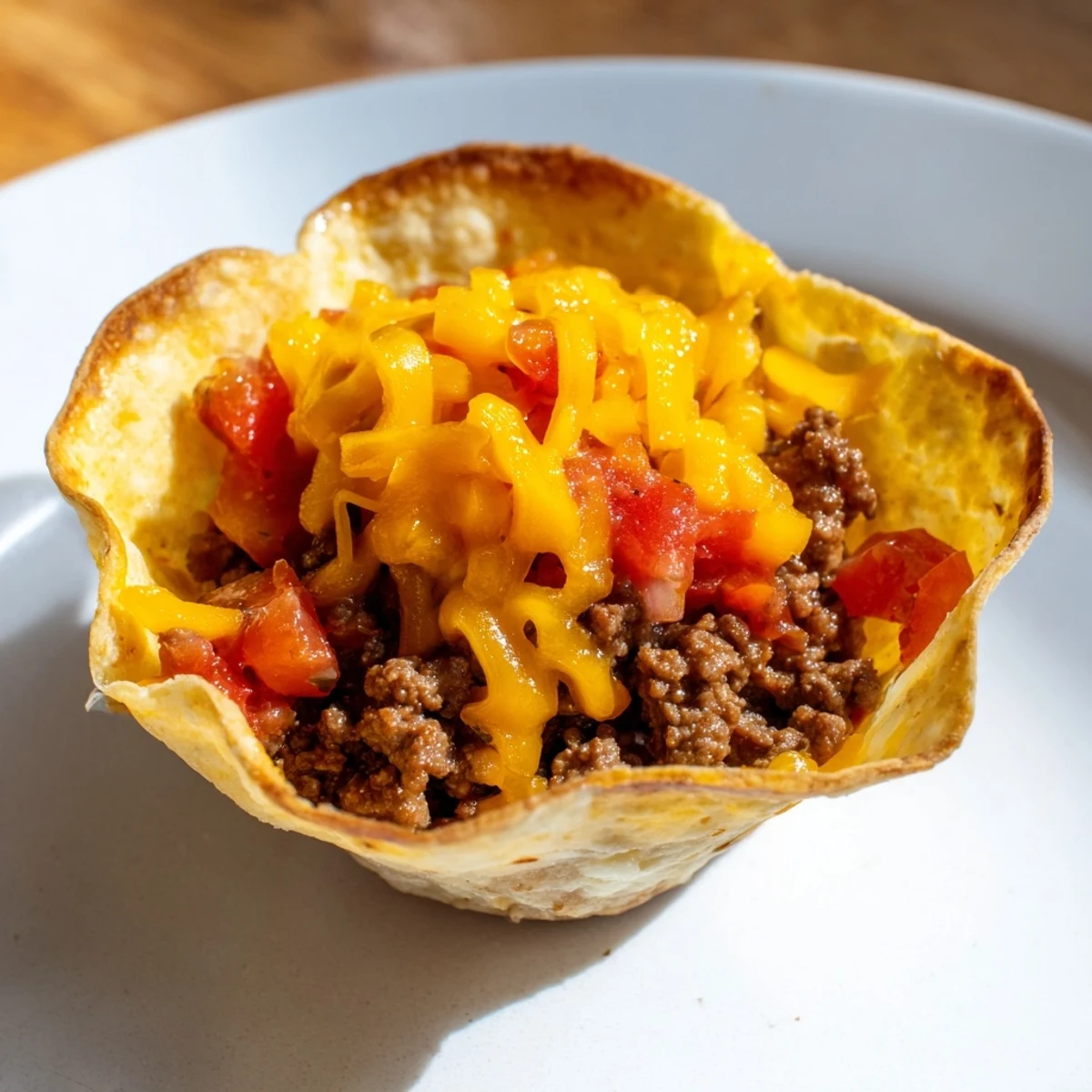 Golden-brown taco cups with ground beef and cheese, baked in a crispy tortilla shell, garnished with fresh cilantro.  