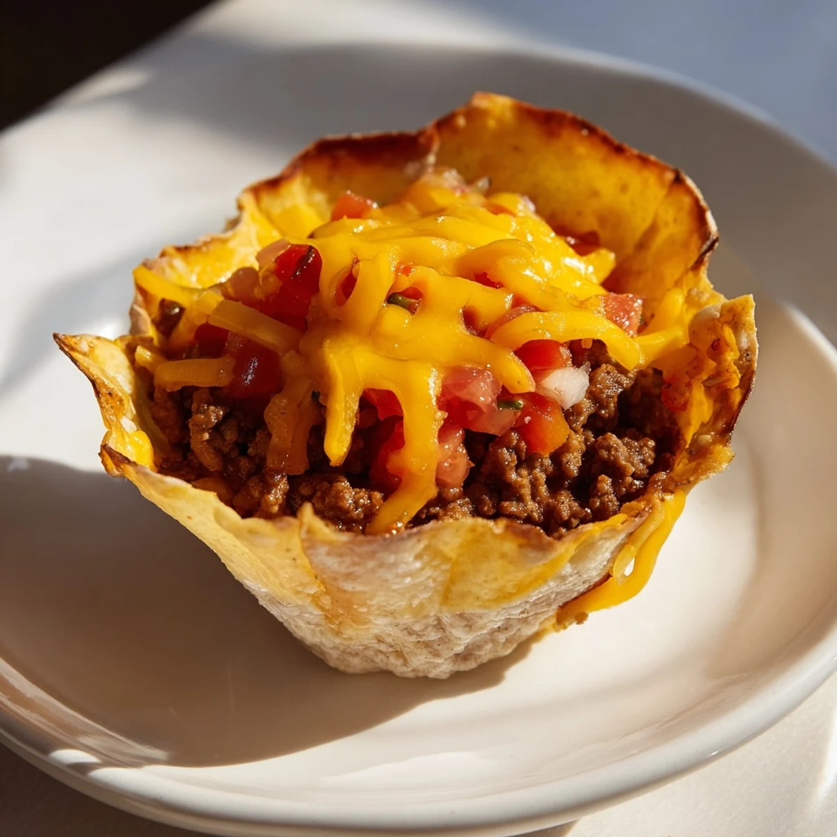 Close-up of baked taco cups with ground beef, cheese, and a side of vibrant salsa for dipping.