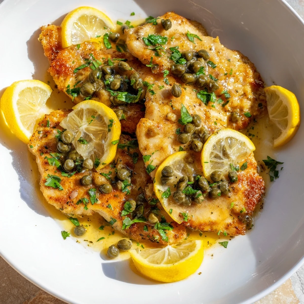 Golden-brown Chicken Piccata with capers and lemon slices rests in a shimmering tangy white wine sauce.  