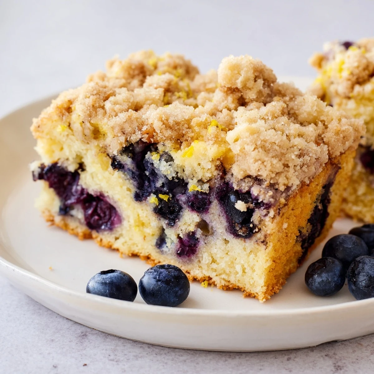 A close-up view of a slice of Lemon Blueberry Coffee Cake, showcasing the tender crumb studded with juicy blueberries and a generous crumbly streusel topping.