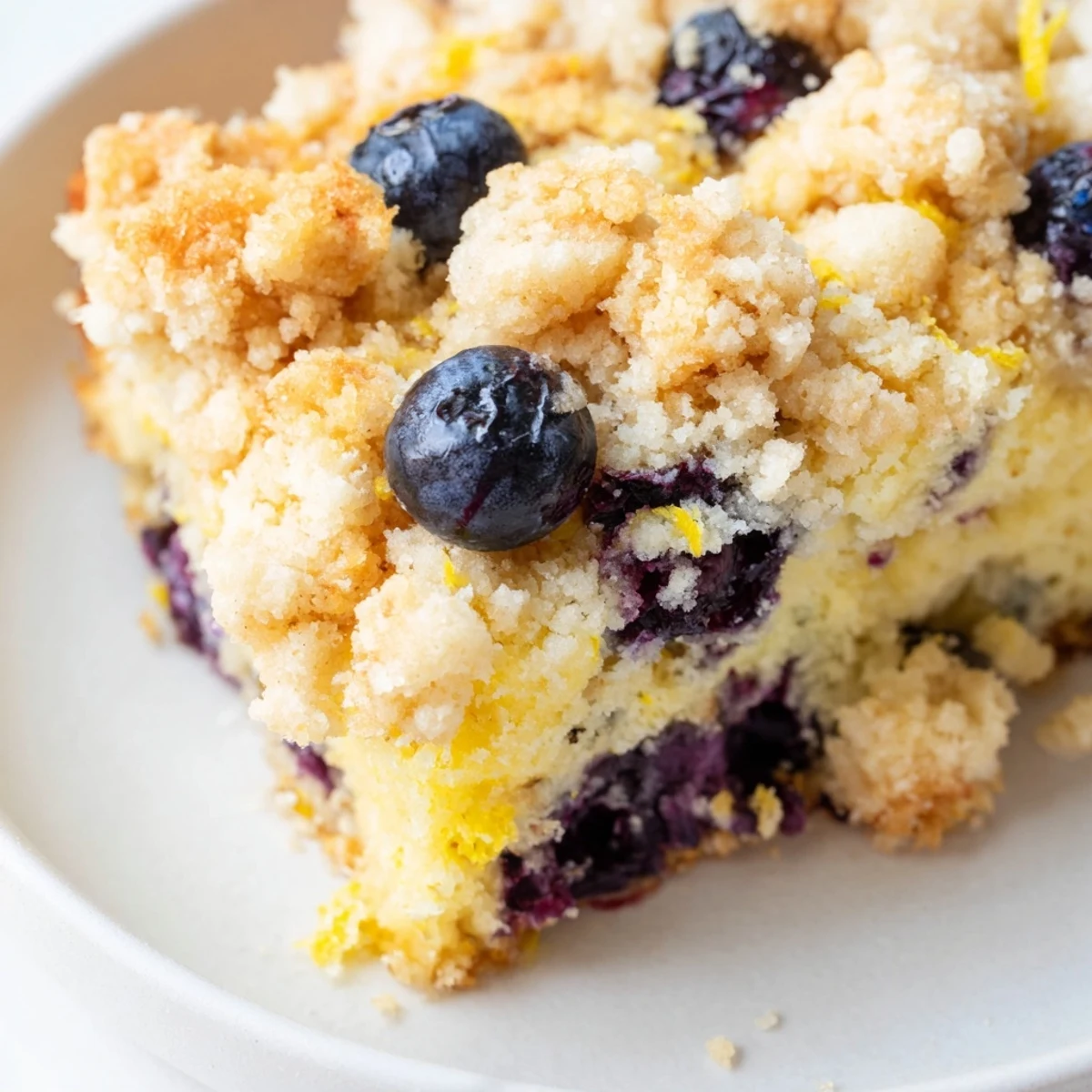 A rustic round Lemon Blueberry Coffee Cake on a wooden board, with fresh lemon zest and plump blueberries scattered on top for a vibrant presentation.