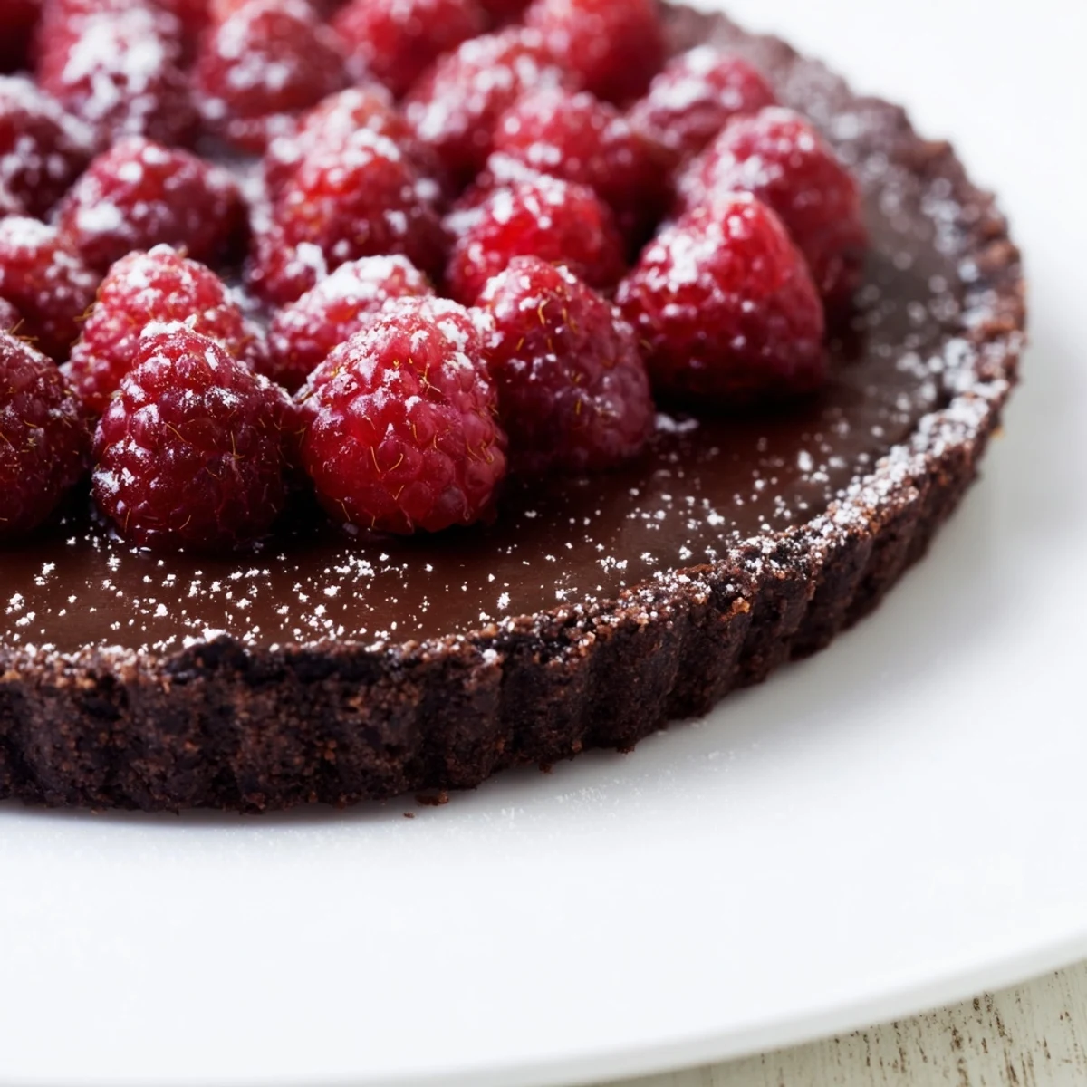 Decadent chocolate raspberry tart with fresh berries on a silky ganache filling in a crisp crust, served on a marble counter.