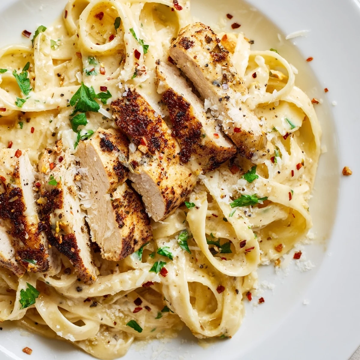 Golden-seared Cajun Blackened Chicken rests on a bed of rich Alfredo-coated fettuccine, garnished with vibrant green parsley for a spicy Italian fusion.  