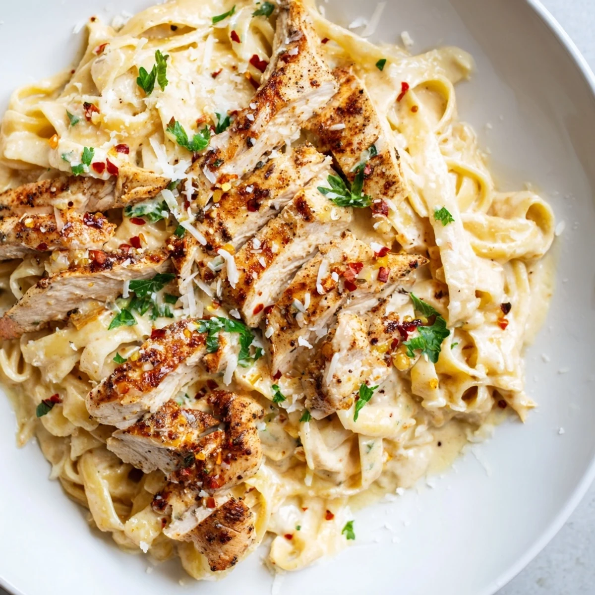 Steaming plate of Cajun Blackened Chicken Alfredo featuring tender, spicy chicken strips, creamy sauce, and fettuccine noodles ready to enjoy.