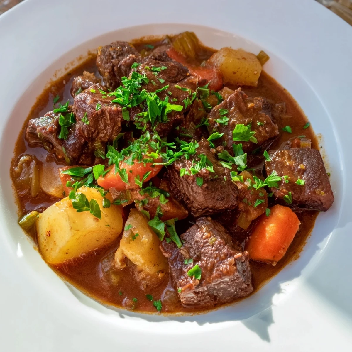 A comforting bowl of Irish Beef and Vegetable Stew, featuring tender chunks of beef and root vegetables swimming in a rich, savory broth garnished with fresh parsley.