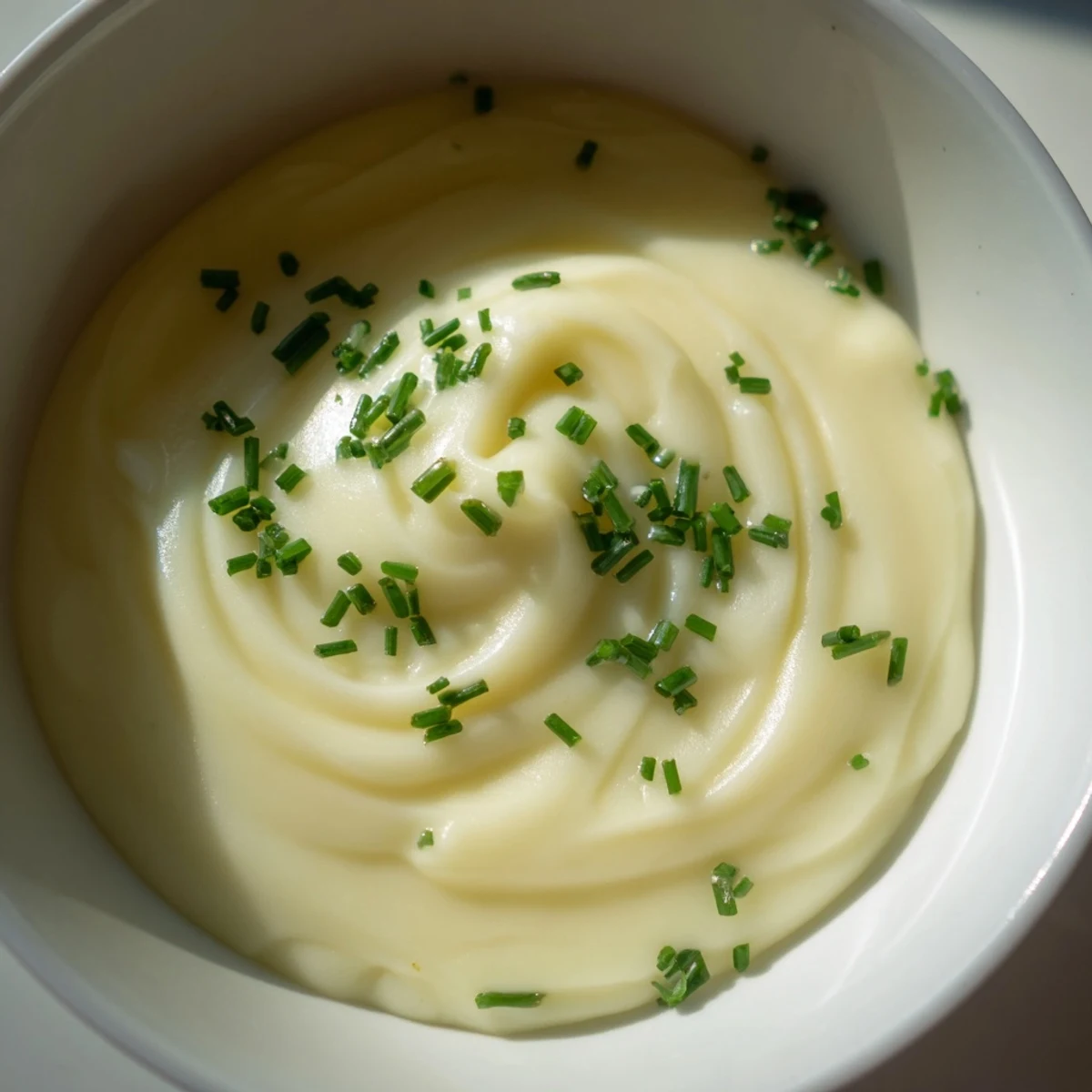 Creamy potato soup with chives is shown in a rustic bowl, garnished with fresh green herbs.  