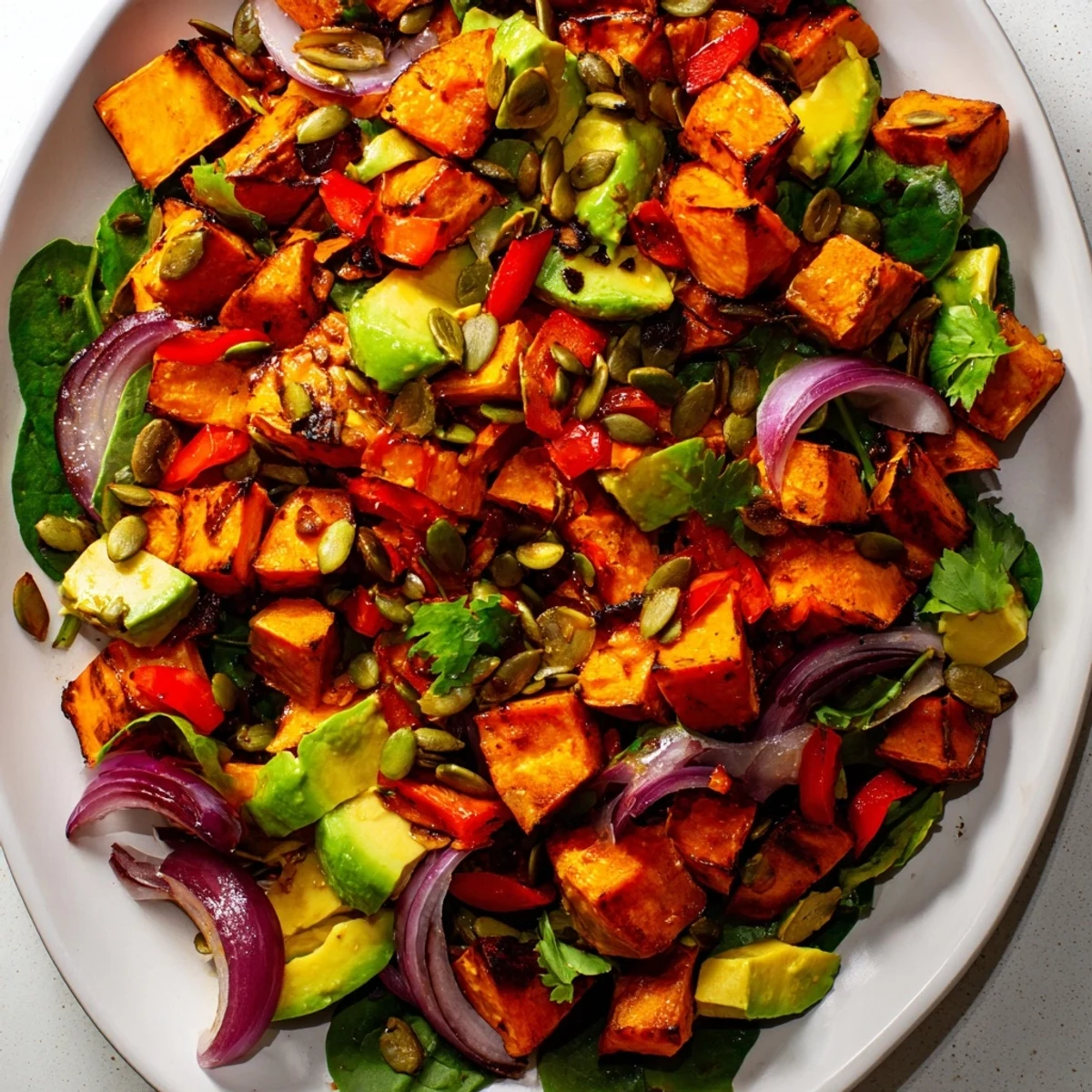 A close-up of the roasted sweet potato salad with lime, showcasing colorful ingredients and herbs on a rustic table.