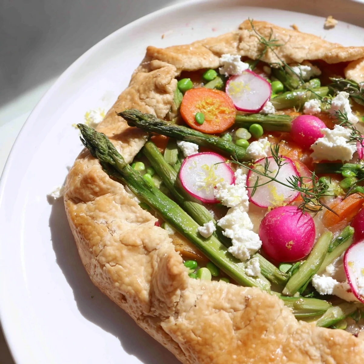 A close-up of a golden, flaky Spring Vegetable Galette with Goat Cheese, showcasing tender asparagus and radishes on a rustic pastry crust.