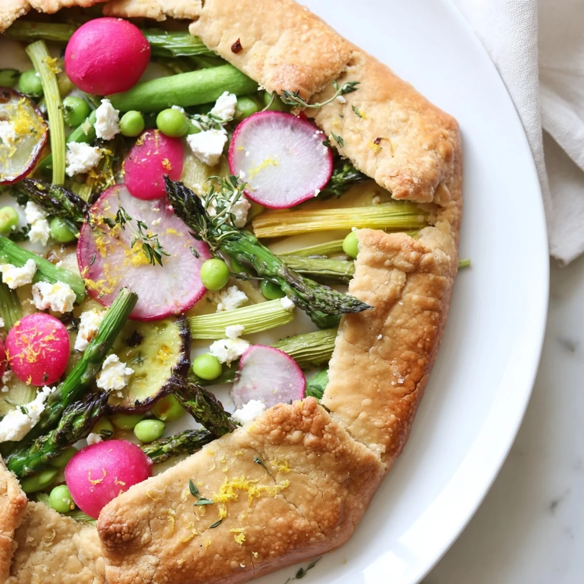 Spring Vegetable Galette with Goat Cheese cooling on a rack, revealing a golden-brown crust and creamy cheese filling, ready for a light dinner.