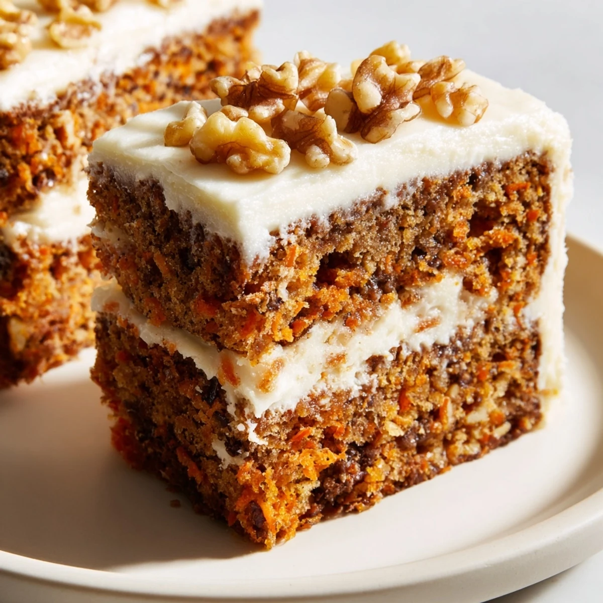 Moist Easter Carrot Cake with Walnuts, topped with rich cream cheese frosting and extra chopped nuts on a festive plate.  