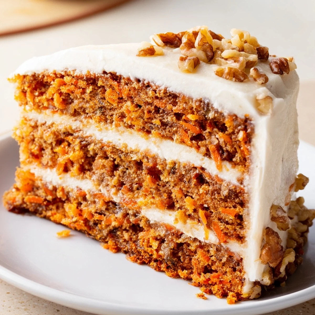 Sliced Easter Carrot Cake with Walnuts reveals tender crumbs, carrots, and crunchy nuts beside a steaming cup of chai tea.  