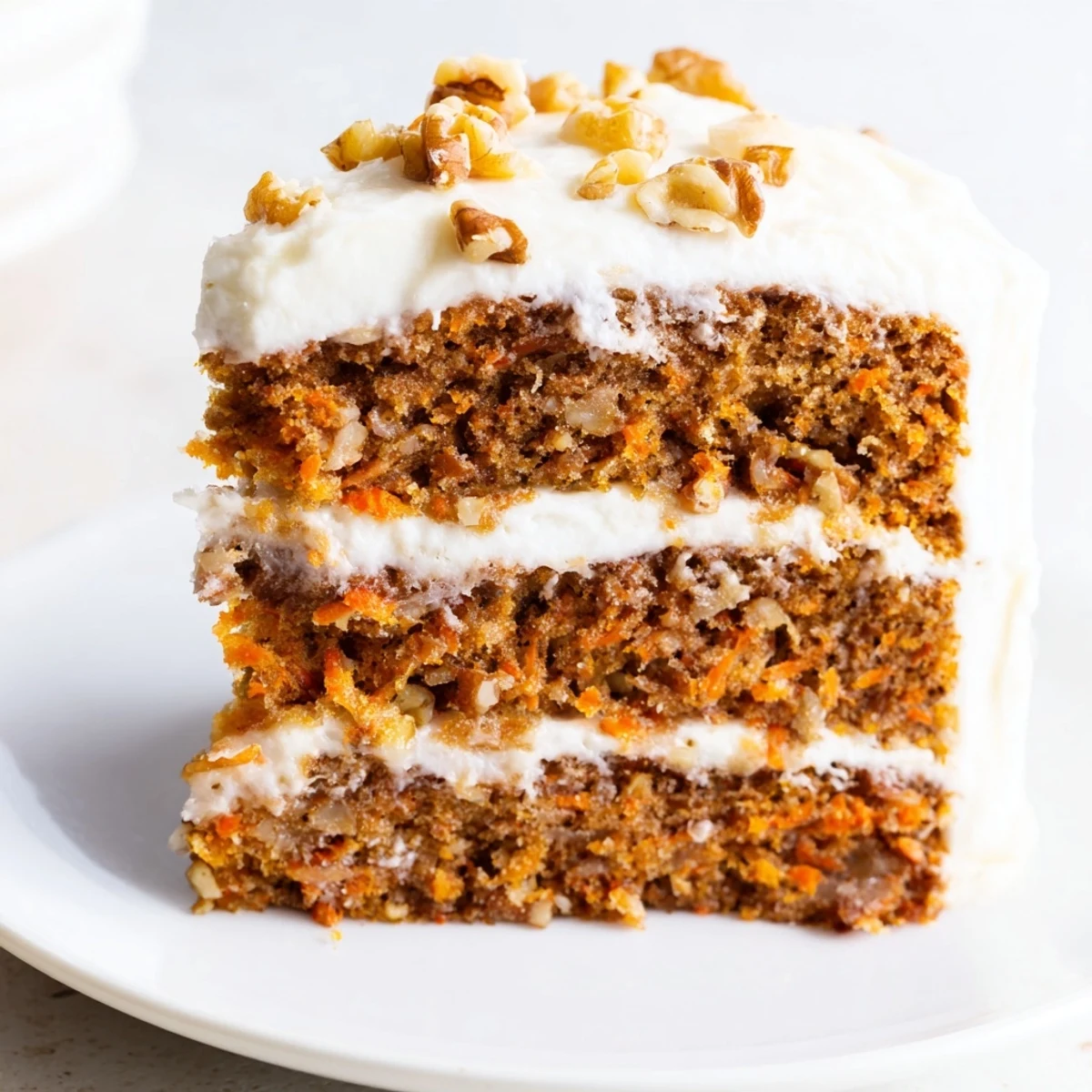 Freshly baked Easter Carrot Cake with Walnuts, garnished with walnuts, ready to serve for a joyful spring celebration.